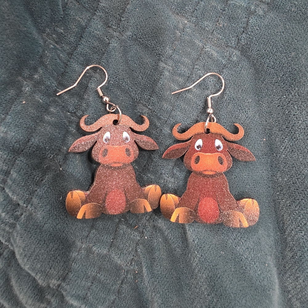 Cute Bull Earrings with Red and Brown Accents
